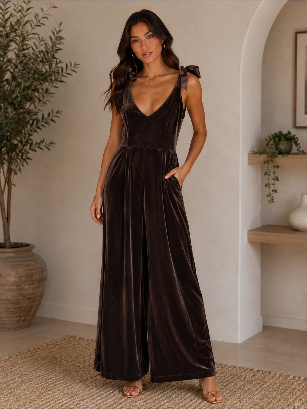 Francesca's Collections Chocolate Brown Velvet Tie-Shoulder Wide-Leg Jumpsuit